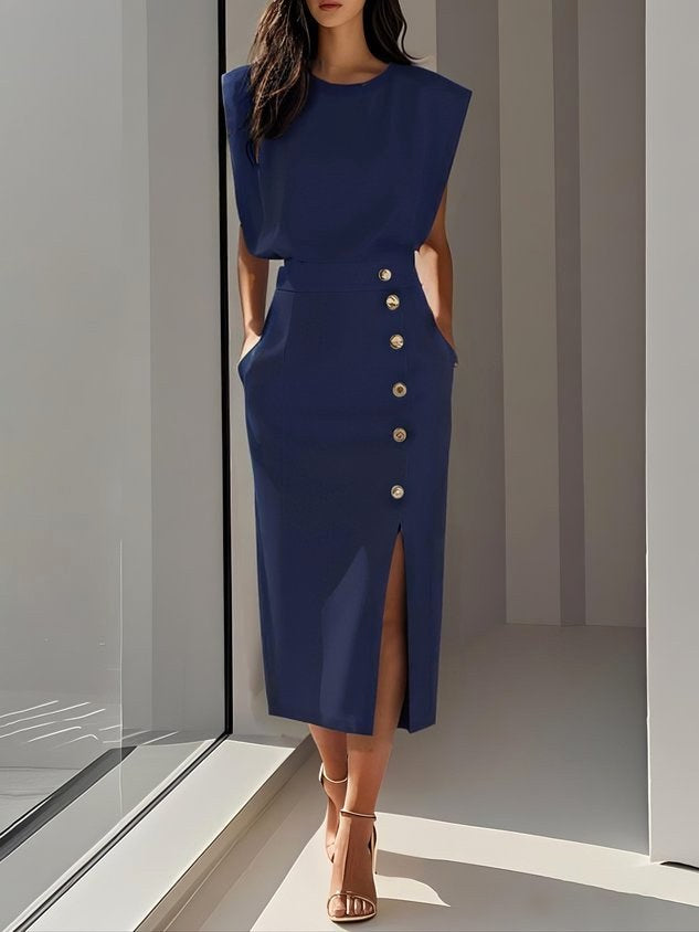 Isabelle | Women's Sleeveless Midi Dress with Button Front, A-Line Midi Dress | Bella Blue | Blue