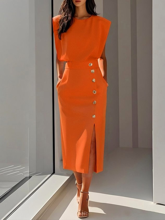 Isabelle | Women's Sleeveless Midi Dress with Button Front, A-Line Midi Dress | Bella Blue | Orange