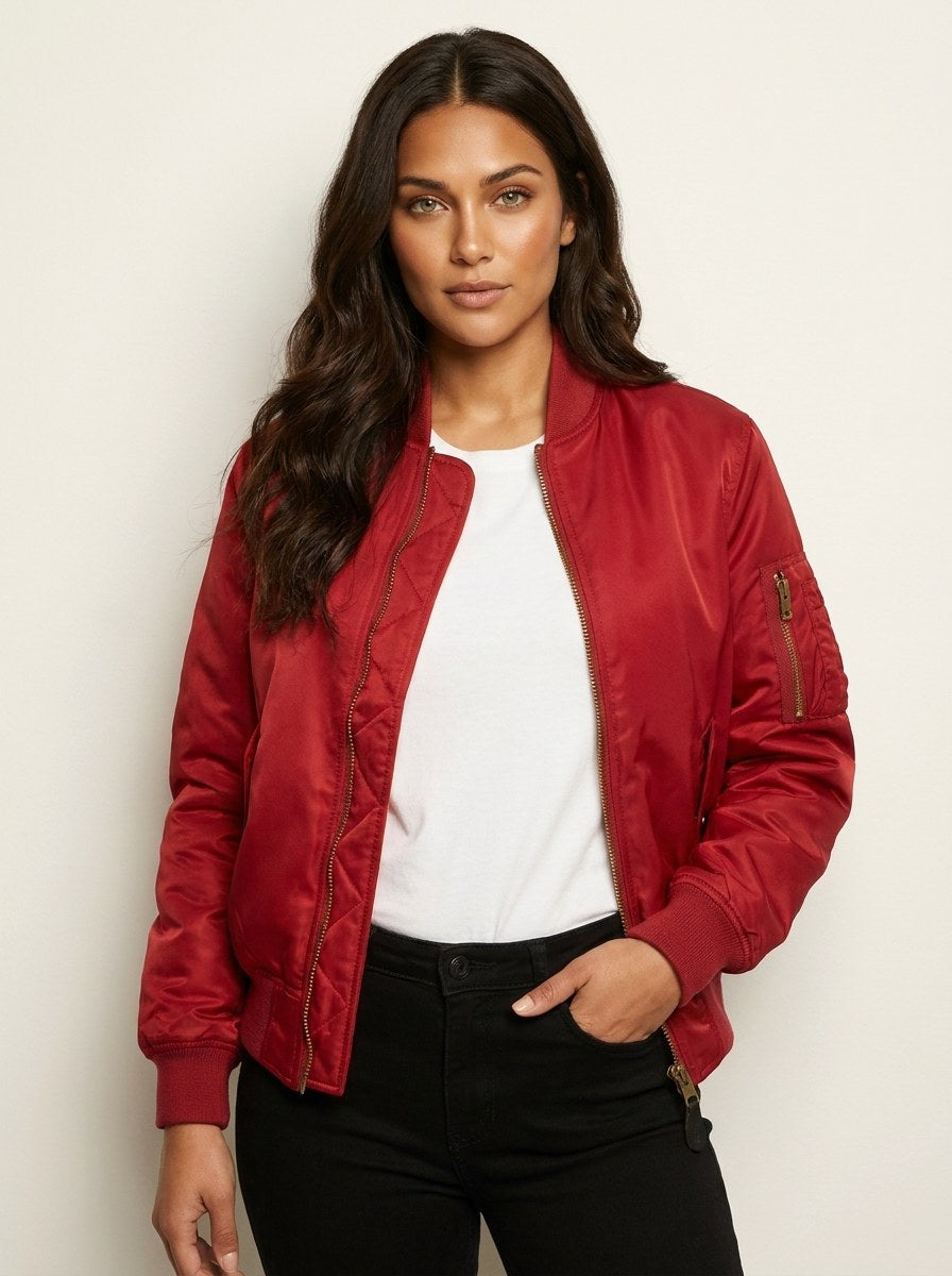 Isla | Women's Utility Bomber Jacket, Satin-Finish Autumn Jacket | Bella Blue | Zwart