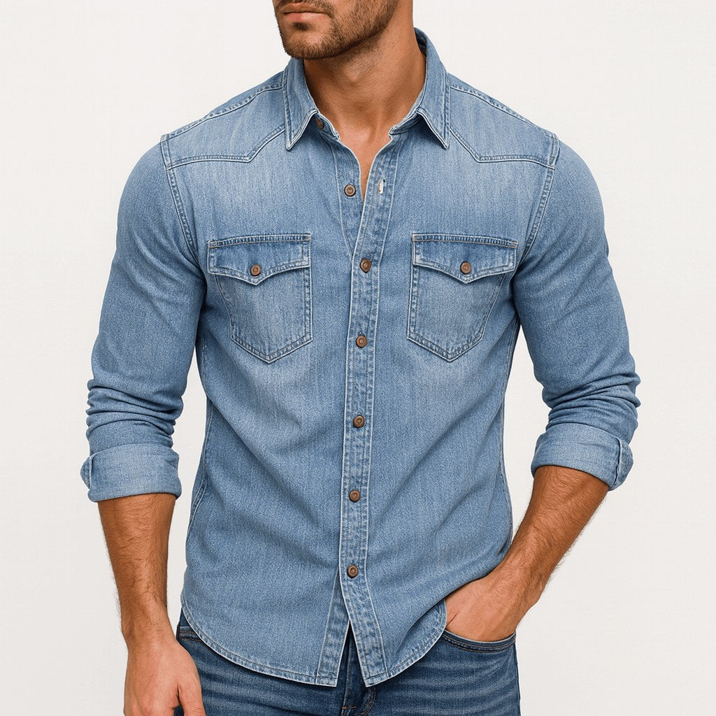 Jacob | Men's Denim Shirt with Classic Collar, Button-Up Denim Shirt | Bella Blue