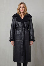 Jade | Women's Long Black Aviator Coat with Teddy Collar, Warm Winter Jacket | Bella Blue | Black
