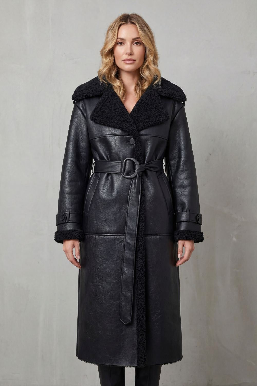 Jade | Women's Long Black Aviator Coat with Teddy Collar, Warm Winter Jacket | Bella Blue | Black