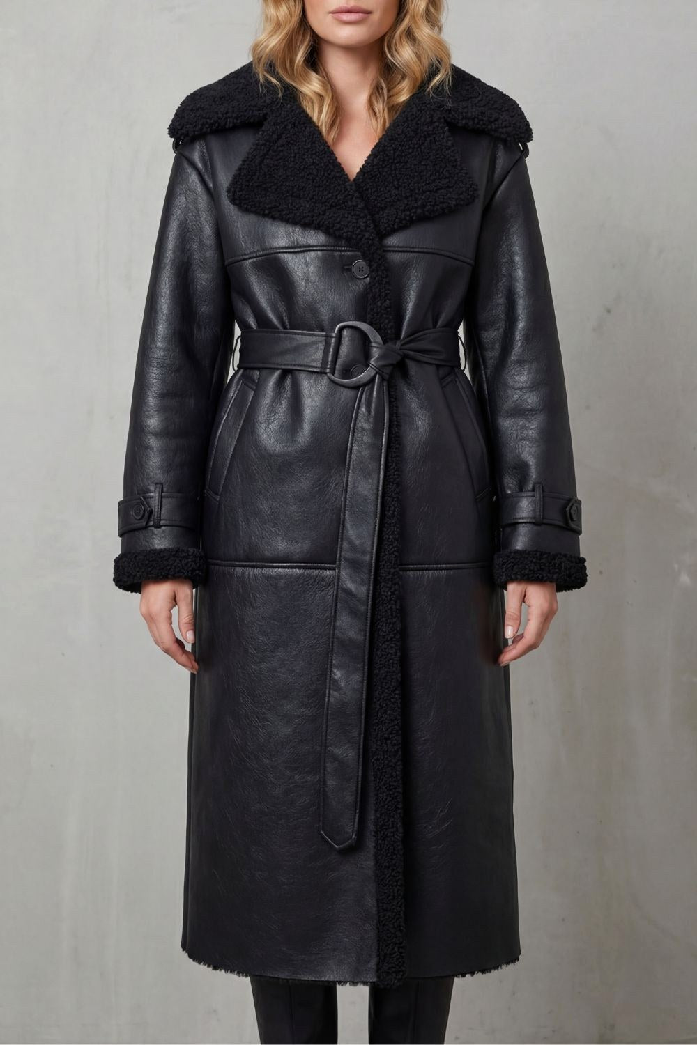 Jade | Women's Long Black Aviator Coat with Teddy Collar, Warm Winter Jacket | Bella Blue
