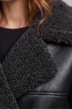 Jade | Women's Long Black Aviator Coat with Teddy Collar, Warm Winter Jacket | Bella Blue