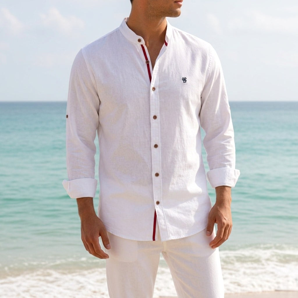 Jake | Men's Mandarin-Collar Cotton Shirt, Long Sleeve Tailored Shirt | Bella Blue