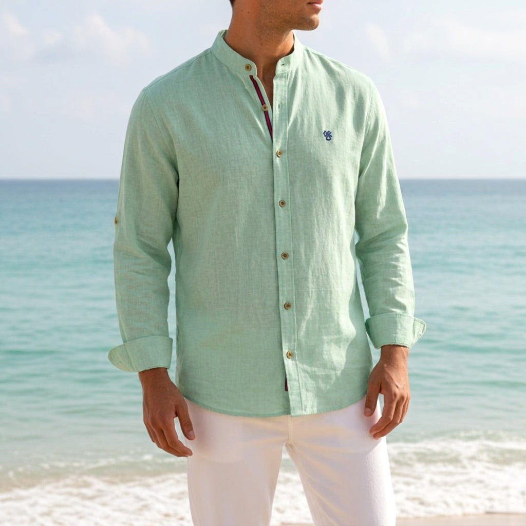 Jake | Men's Mandarin-Collar Cotton Shirt, Long Sleeve Tailored Shirt | Bella Blue