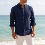 Jake | Men's Mandarin-Collar Cotton Shirt, Long Sleeve Tailored Shirt | Bella Blue