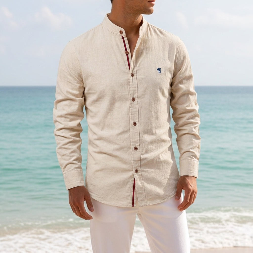 Jake | Men's Mandarin-Collar Cotton Shirt, Long Sleeve Tailored Shirt | Bella Blue