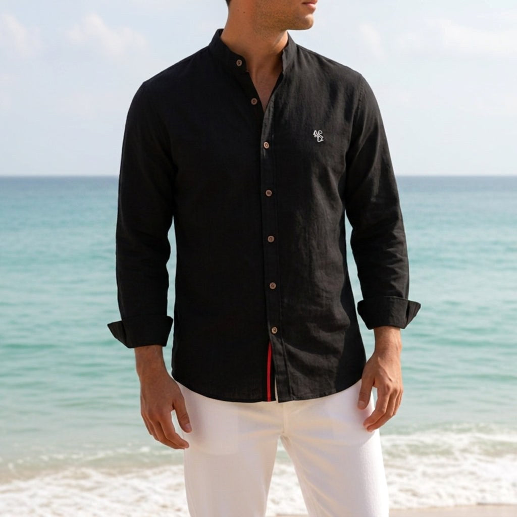 Jake | Men's Mandarin-Collar Cotton Shirt, Long Sleeve Tailored Shirt | Bella Blue
