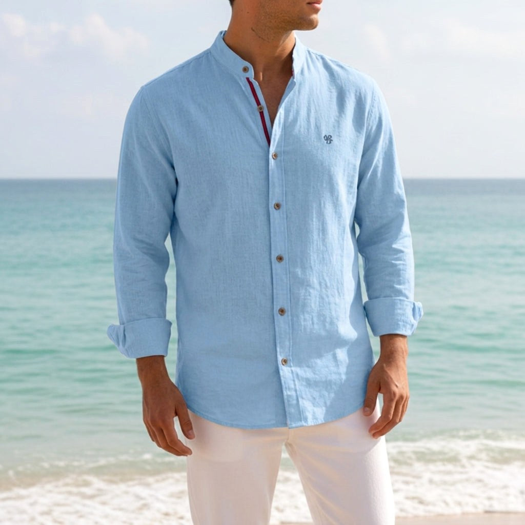 Jake | Men's Mandarin-Collar Cotton Shirt, Long Sleeve Tailored Shirt | Bella Blue