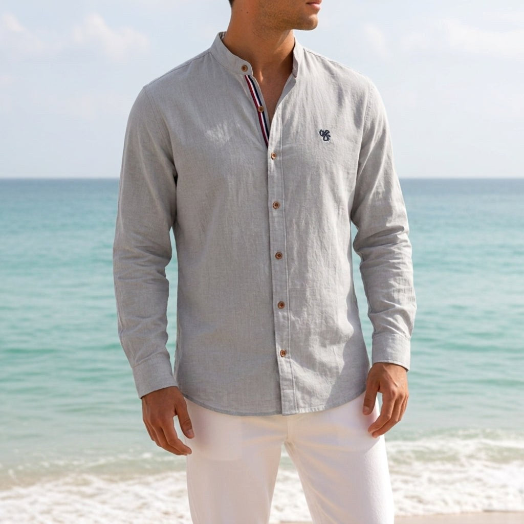 Jake | Men's Mandarin-Collar Cotton Shirt, Long Sleeve Tailored Shirt | Bella Blue