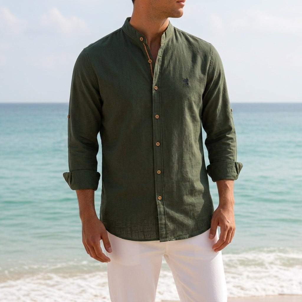 Jake | Men's Mandarin-Collar Cotton Shirt, Long Sleeve Tailored Shirt | Bella Blue