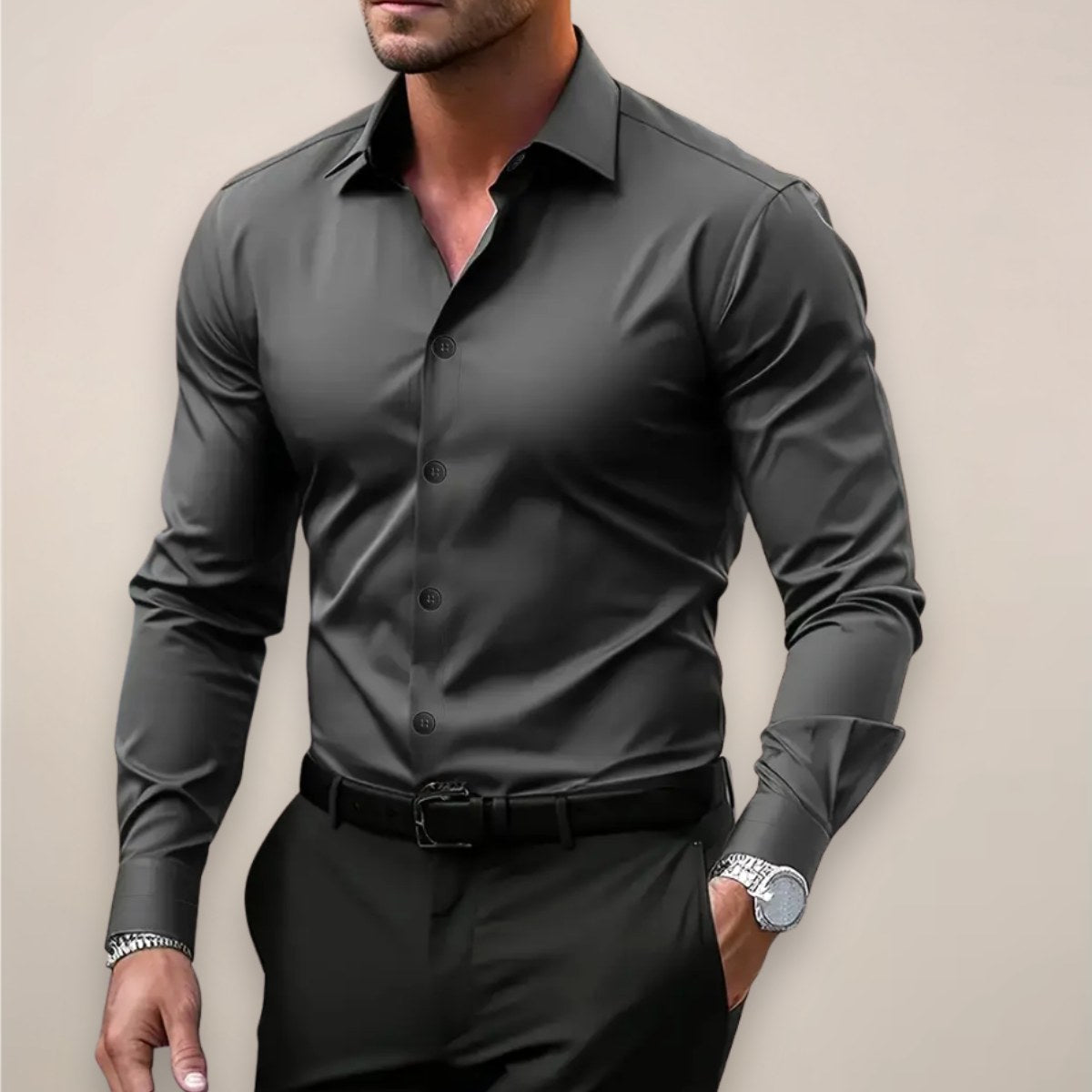 James | Men's Long Sleeve Smart Shirt, Tailored Formal Shirt | Bella Blue | Dark Grey