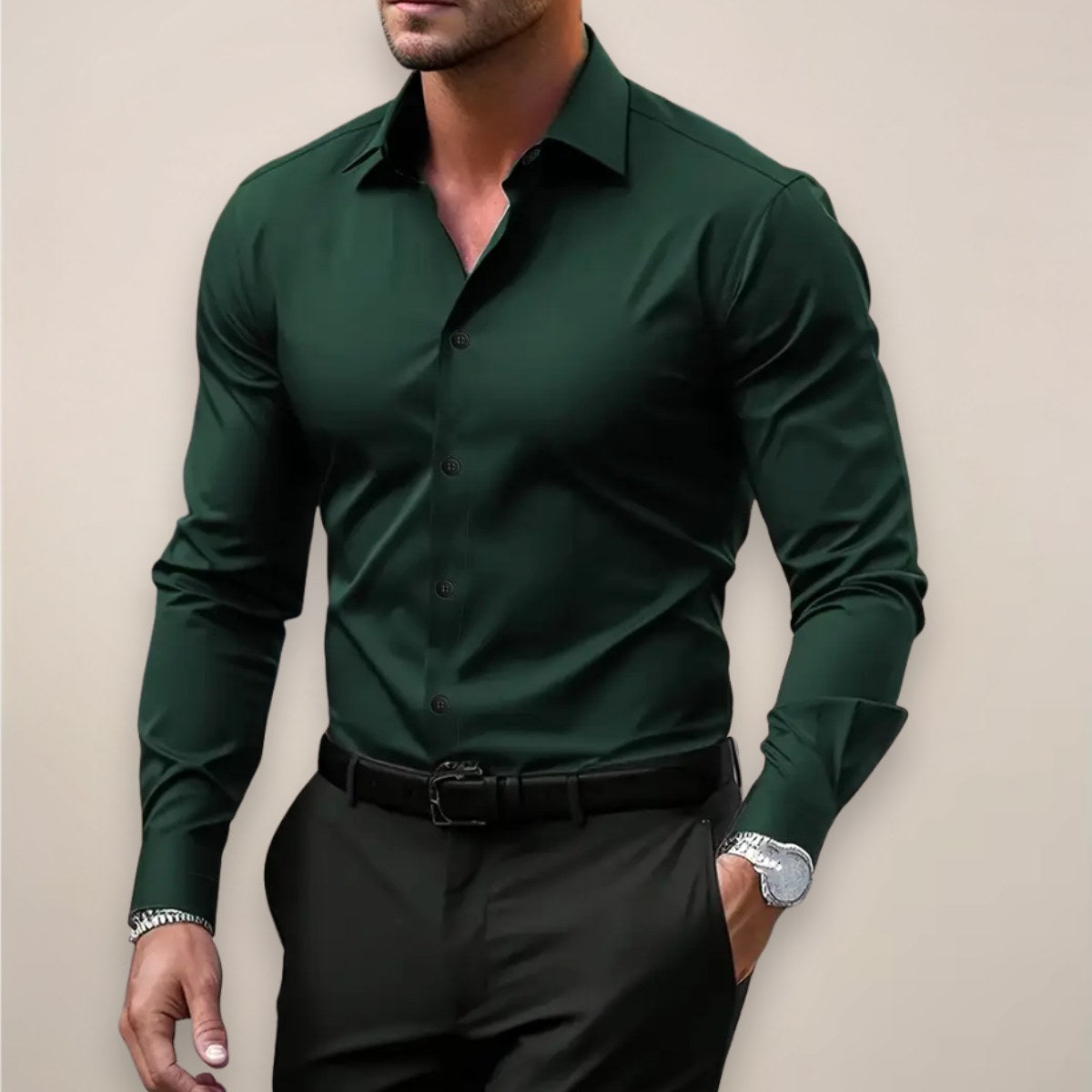 James | Men's Long Sleeve Smart Shirt, Tailored Formal Shirt | Bella Blue | Dark Green