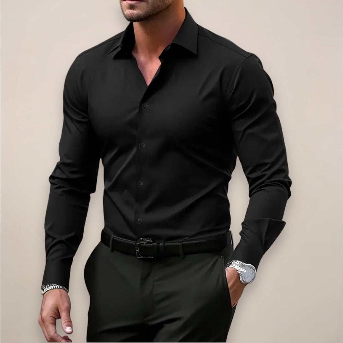 James | Men's Long Sleeve Smart Shirt, Tailored Formal Shirt | Bella Blue | Black