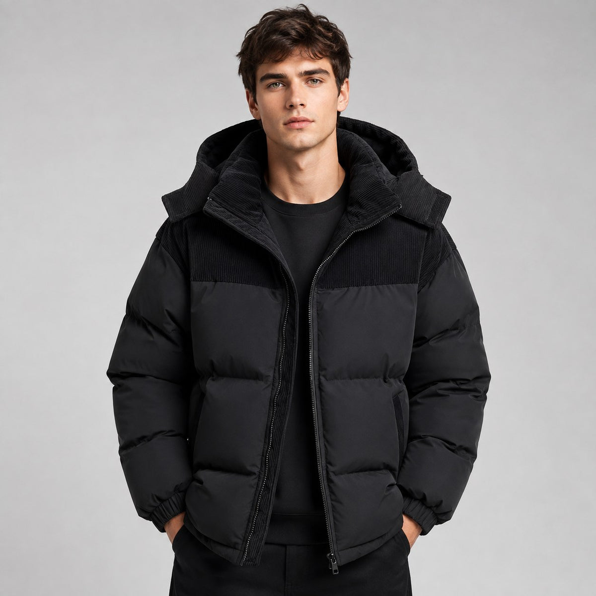 Jared | Men's Oversized Padded Puffer Jacket, Hooded Winter Coat | Bella Blue | Black