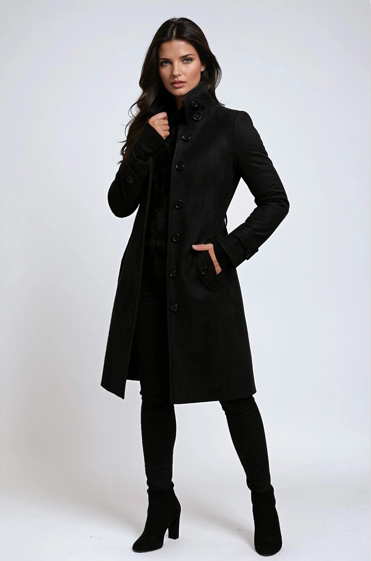 Jessica | Women's Tailored Wool-Blend Winter Coat with High Collar, Knee-Length Autumn Coat | Bella Blue