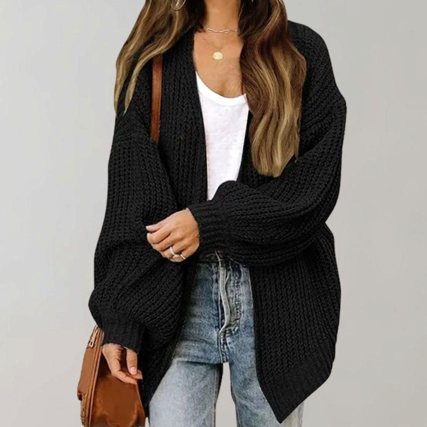 Johanna | Women's Oversized Open-Front Cardigan, Relaxed Layering Cardigan | Bella Blue | Black