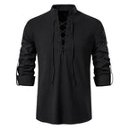 Johannes | Men's Linen Shirt with Neck Tie, Boho Shirt with Long Sleeves | Bella Blue | Black
