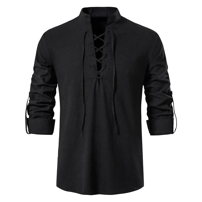 Johannes | Men's Linen Shirt with Neck Tie, Boho Shirt with Long Sleeves | Bella Blue | Black
