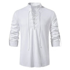 Johannes | Men's Linen Shirt with Neck Tie, Boho Shirt with Long Sleeves | Bella Blue | Black