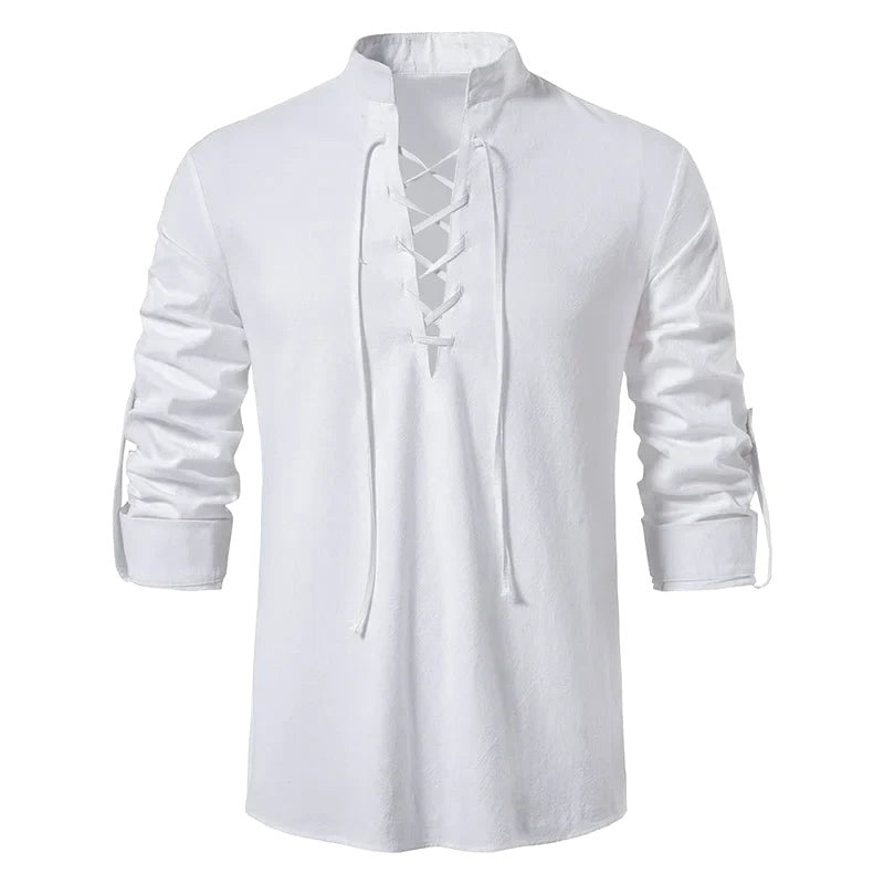 Johannes | Men's Linen Shirt with Neck Tie, Boho Shirt with Long Sleeves | Bella Blue | Black