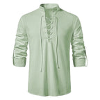 Johannes | Men's Linen Shirt with Neck Tie, Boho Shirt with Long Sleeves | Bella Blue | Black