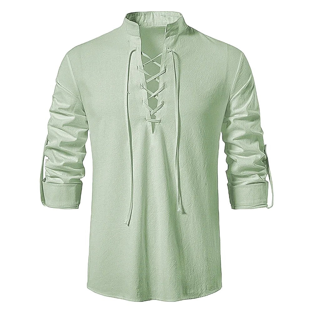 Johannes | Men's Linen Shirt with Neck Tie, Boho Shirt with Long Sleeves | Bella Blue | Black