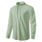 Johannes | Men's Linen Shirt with Neck Tie, Boho Shirt with Long Sleeves | Bella Blue | Black