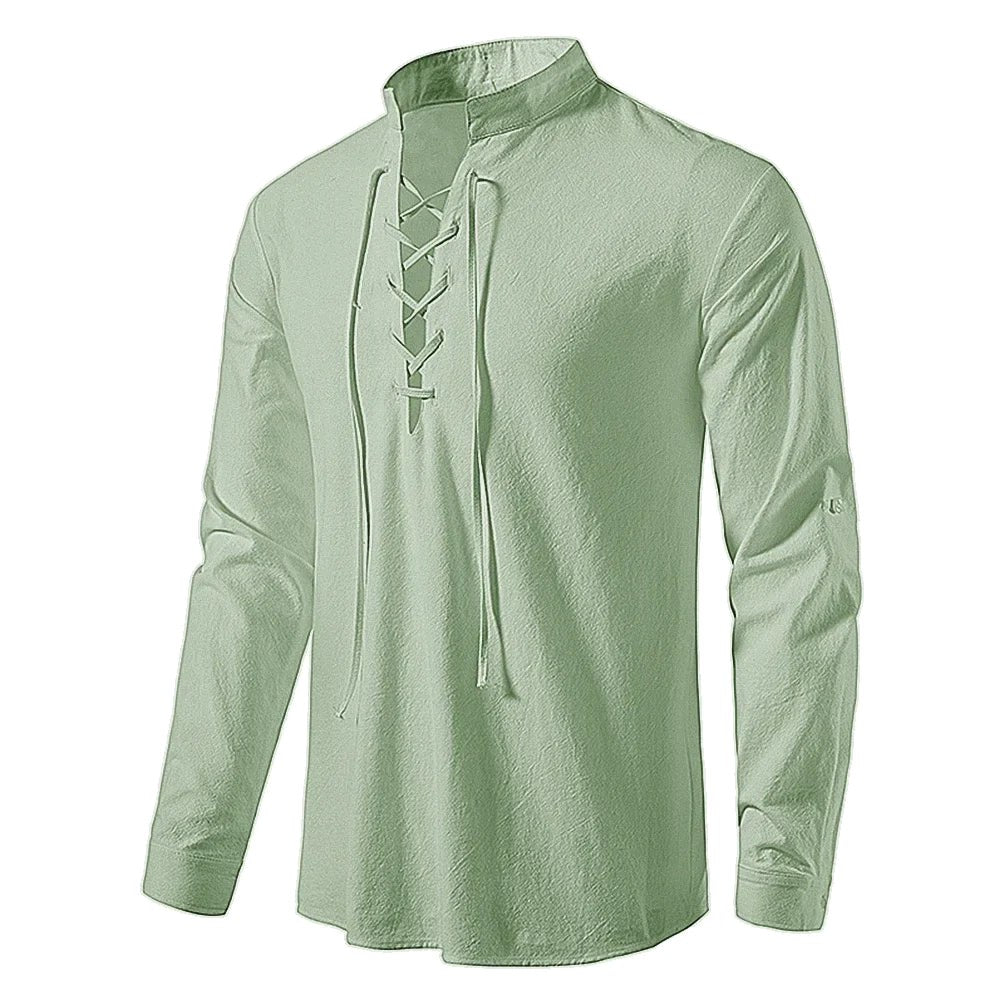 Johannes | Men's Linen Shirt with Neck Tie, Boho Shirt with Long Sleeves | Bella Blue | Black
