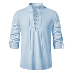 Johannes | Men's Linen Shirt with Neck Tie, Boho Shirt with Long Sleeves | Bella Blue | Black