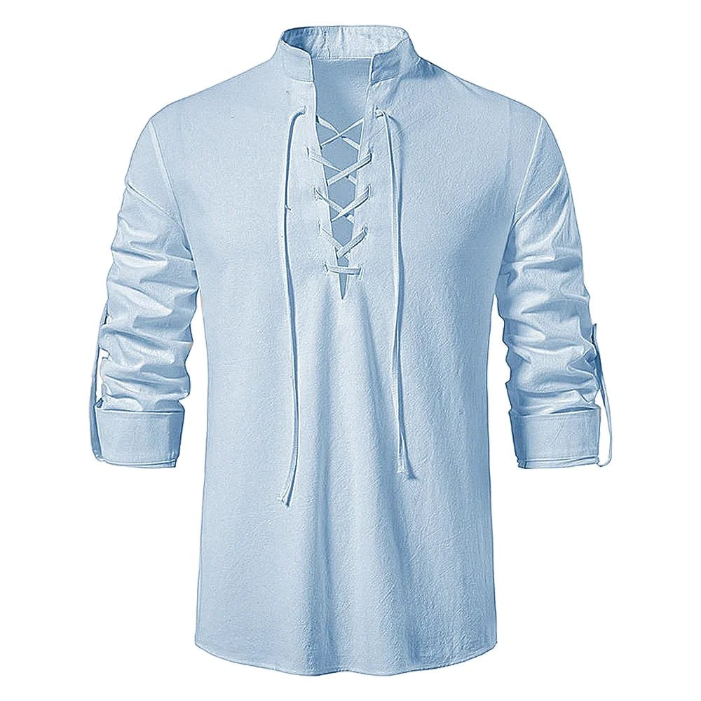Johannes | Men's Linen Shirt with Neck Tie, Boho Shirt with Long Sleeves | Bella Blue | Black