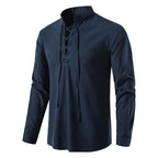 Johannes | Men's Linen Shirt with Neck Tie, Boho Shirt with Long Sleeves | Bella Blue | Black