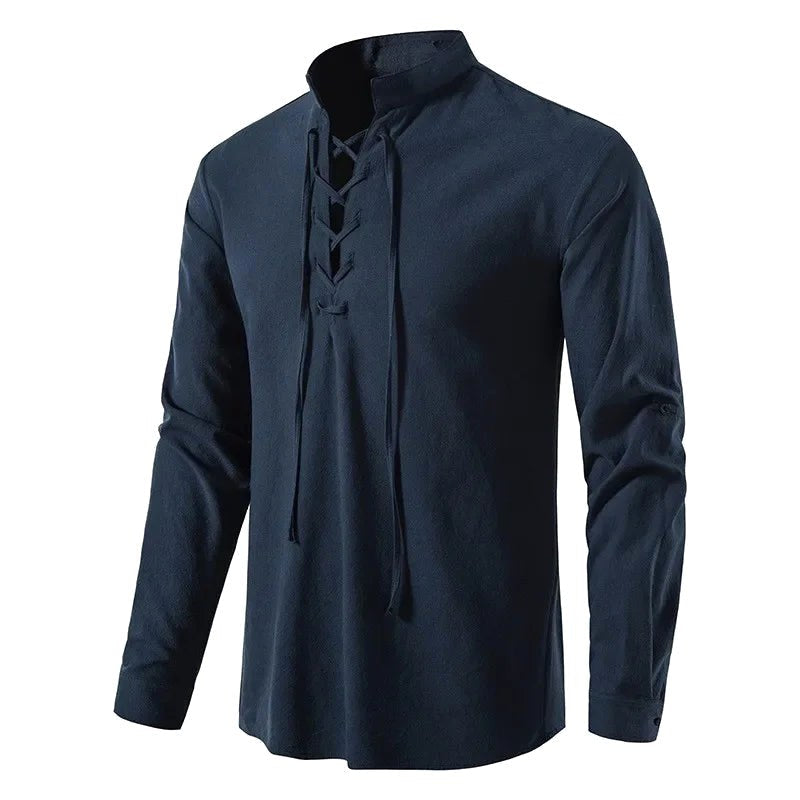 Johannes | Men's Linen Shirt with Neck Tie, Boho Shirt with Long Sleeves | Bella Blue | Black