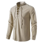 Johannes | Men's Linen Shirt with Neck Tie, Boho Shirt with Long Sleeves | Bella Blue | White