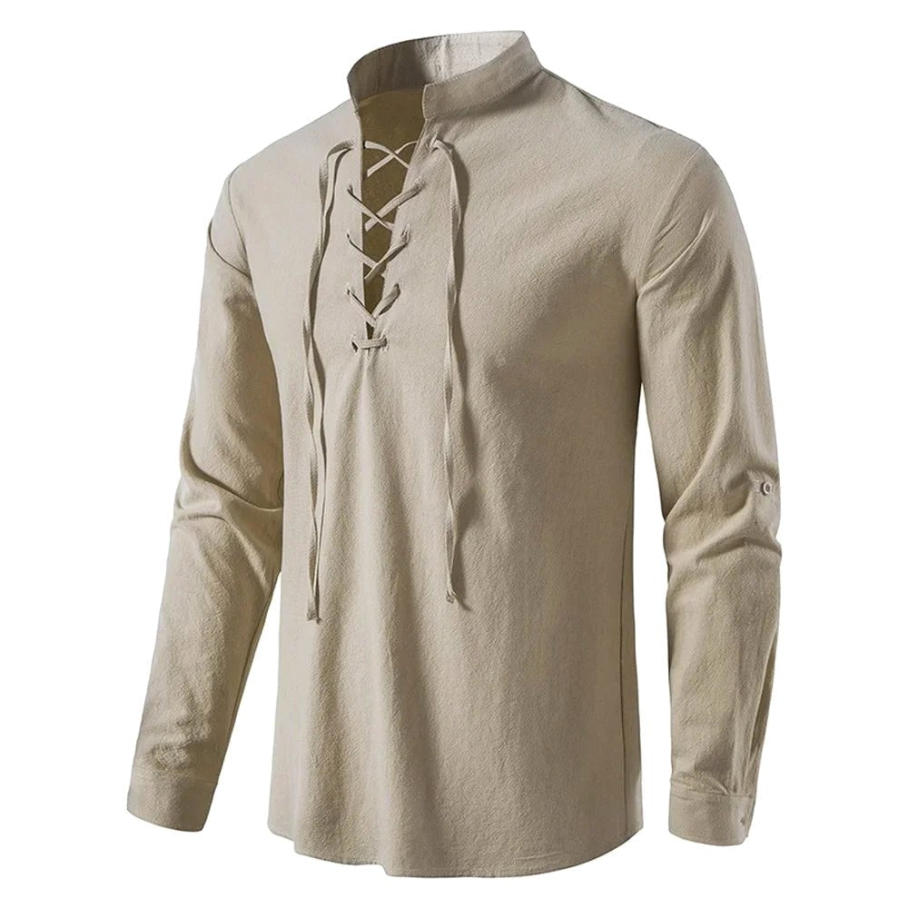 Johannes | Men's Linen Shirt with Neck Tie, Boho Shirt with Long Sleeves | Bella Blue | White