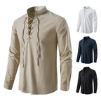 Johannes | Men's Linen Shirt with Neck Tie, Boho Shirt with Long Sleeves | Bella Blue | White