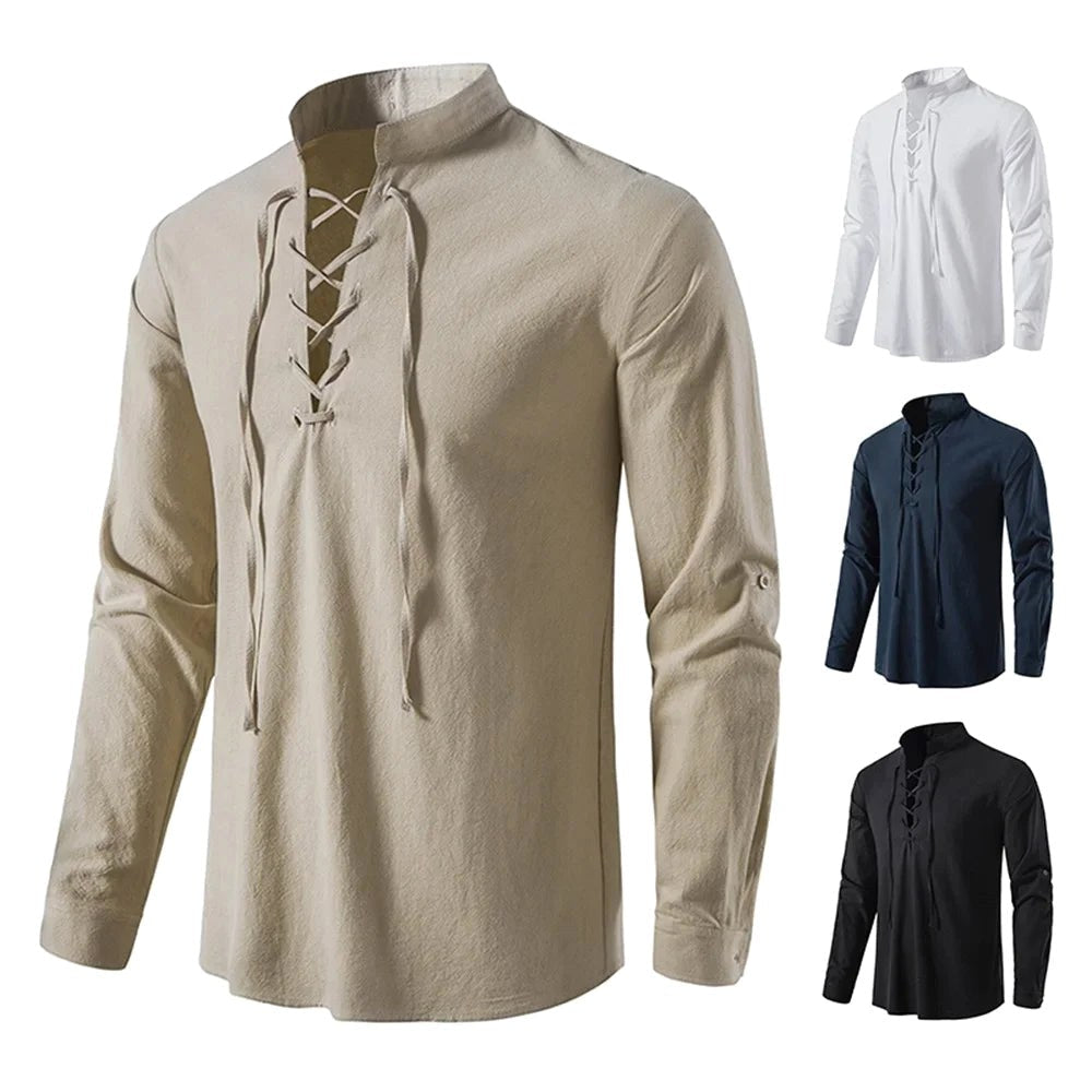 Johannes | Men's Linen Shirt with Neck Tie, Boho Shirt with Long Sleeves | Bella Blue | White