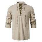 Johannes | Men's Linen Shirt with Neck Tie, Boho Shirt with Long Sleeves | Bella Blue | White