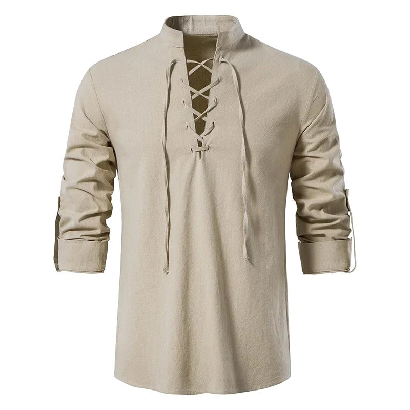 Johannes | Men's Linen Shirt with Neck Tie, Boho Shirt with Long Sleeves | Bella Blue | White