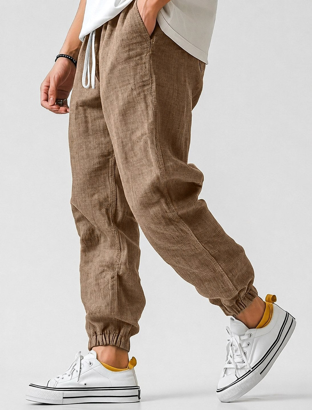 Jonas | Men's Jogger Trousers with Drawstring, Tapered-Fit Summer Trousers | Bella Blue | Dark Brown