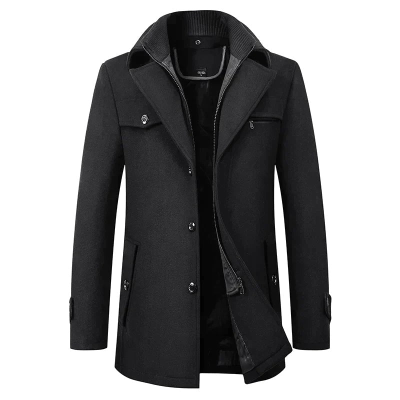 Jonathan | Men's Mid-Length Pea Coat, Notched Lapel Autumn Coat | Bella Blue | Black