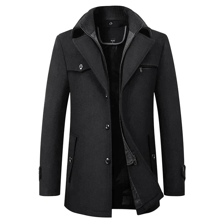 Jonathan | Men's Mid-Length Pea Coat, Notched Lapel Autumn Coat | Bella Blue | Black