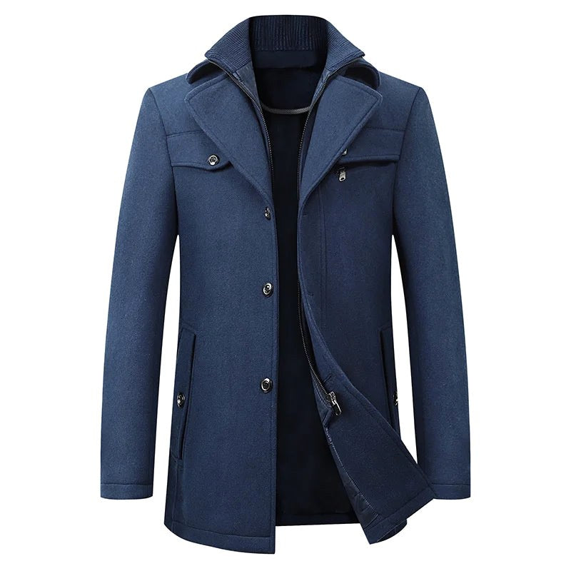 Jonathan | Men's Mid-Length Pea Coat, Notched Lapel Autumn Coat | Bella Blue | Navy