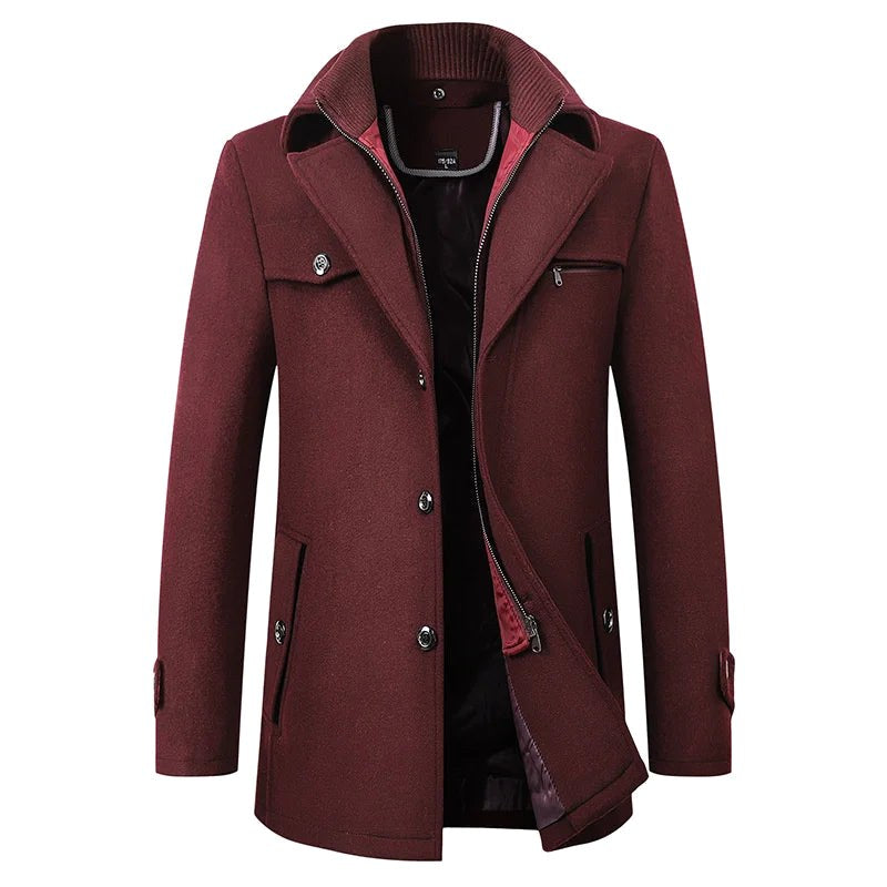 Jonathan | Men's Mid-Length Pea Coat, Notched Lapel Autumn Coat | Bella Blue | Maroon