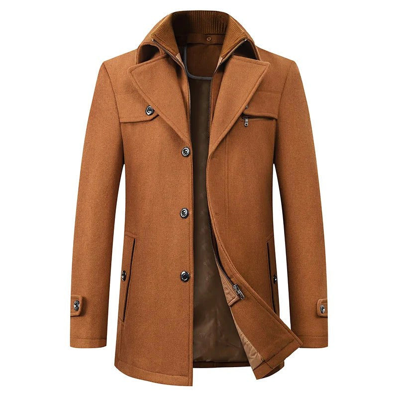 Jonathan | Men's Mid-Length Pea Coat, Notched Lapel Autumn Coat | Bella Blue | Brown