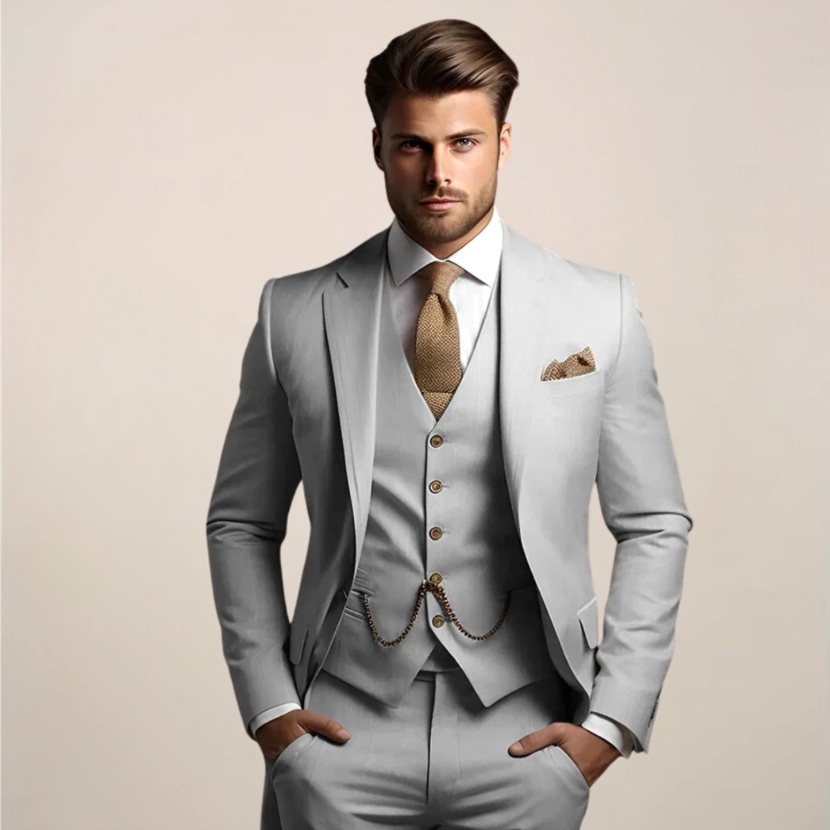 Jonathan | Men's Three-Piece Tailored Suit, Jacket Waistcoat and Trousers Formalwear | Bella Blue | Grey