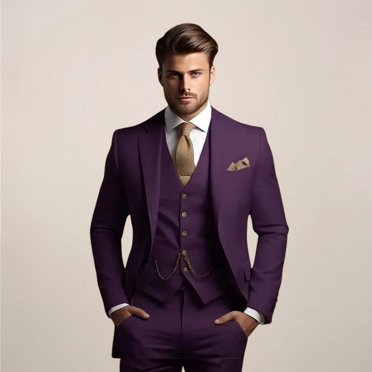 Jonathan | Men's Three-Piece Tailored Suit, Jacket Waistcoat and Trousers Formalwear | Bella Blue | Dark Purple