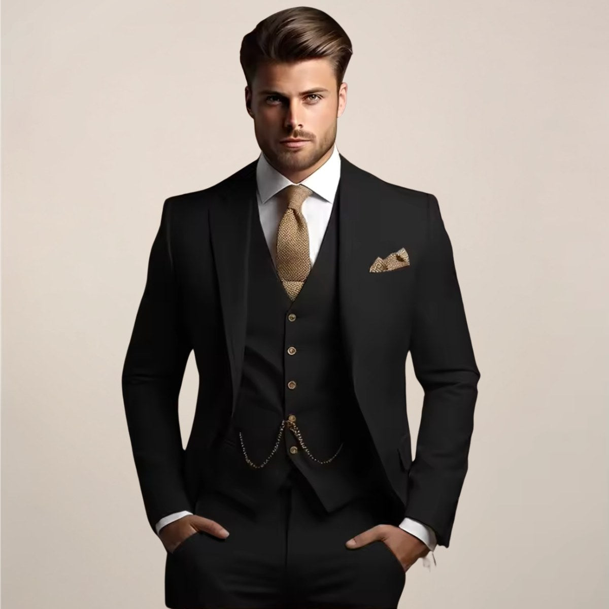 Jonathan | Men's Three-Piece Tailored Suit, Jacket Waistcoat and Trousers Formalwear | Bella Blue | Black