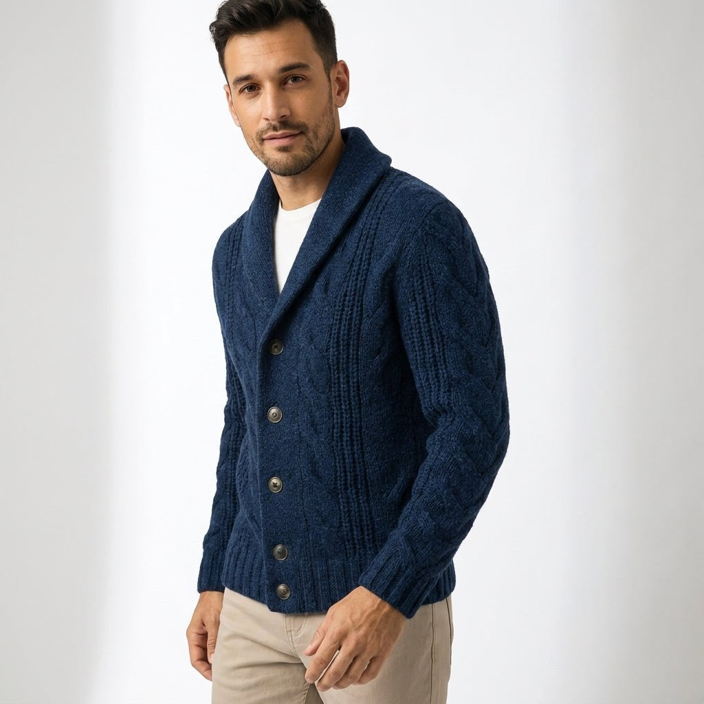 Jordan | Men's Button-Up Cardigan, Structured Knit Jumper | Bella Blue